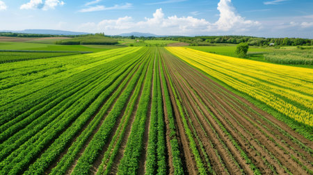 Experience a breathtaking aerial perspective of lush agricultural fields showcasing a palette of green and vibrant yellow crops against a clear blue sky.の素材