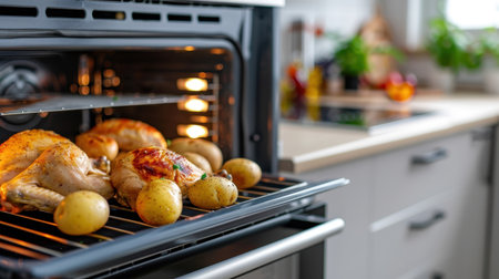 A tantalizing scene of golden brown roasted chicken and potatoes in a modern oven, capturing the warmth and inviting atmosphere of a cozy kitchen setting.の素材
