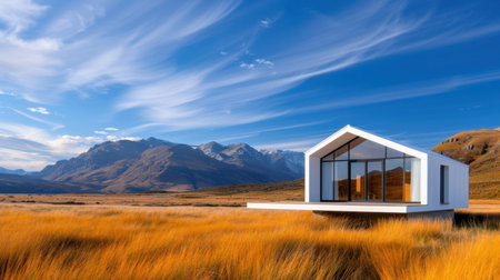 A stunning modern house stands in a golden meadow, framed by majestic mountains and a vibrant blue sky with wispy clouds, creating a harmonious scene.の素材