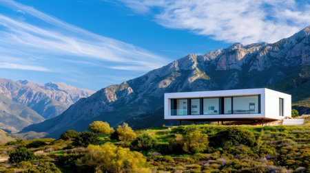 A contemporary house situated on a hillside offers breathtaking views of surrounding mountains under a clear blue sky. Perfect for serene getaways.の素材