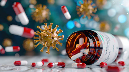 A visually striking representation of medication capsules and a virus, illustrating the interaction between health and disease in a dynamic format.の素材