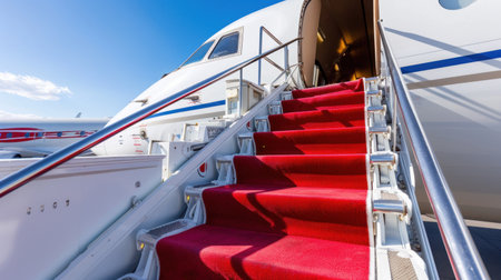A luxurious private jet with a red carpet staircase invites travelers to experience upscale air travel. The clear blue sky enhances the exclusive atmosphere.の素材