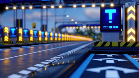 A striking view of a modern highway toll plaza featuring bright LED signage and clear lane markings, set against a beautiful blue sky in daylight.の素材