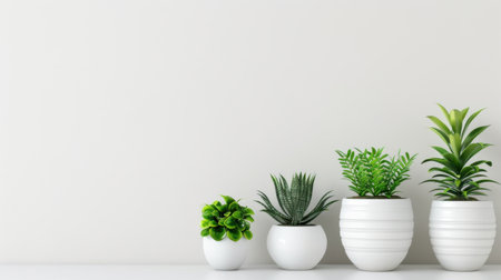 This image showcases a modern arrangement of indoor plants displayed in sleek white pots against a soft light backdrop, perfect for home decor inspiration.の素材