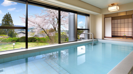 This image showcases a tranquil indoor pool bathed in bright natural light, featuring stunning cherry blossoms visible through expansive windows, capturing serene beauty.の素材