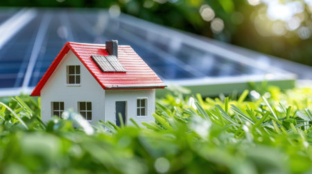 A charming miniature house with solar panels stands on vibrant green grass, highlighting the benefits of solar energy in sustainable living and modern homes.の素材
