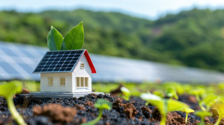 A small model house with solar panels sits in a lush green field, representing sustainable living and the importance of renewable energy and eco-friendliness.の素材