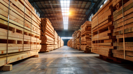 A spacious warehouse is filled with neatly stacked lumber, showcasing the organized storage of timber materials. Natural light enhances the industrial scene.の素材