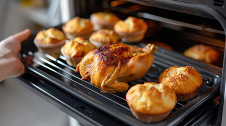 A beautifully roasted chicken with crispy skin sits beside freshly baked golden muffins in a modern oven, showcasing the joy of home cooking.の素材