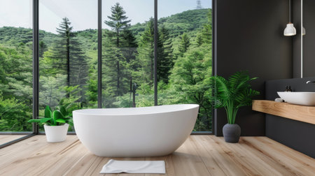 Experience a serene bathroom retreat featuring a freestanding bathtub, large glass windows, and a beautiful forest view, perfect for relaxation and comfort.の素材