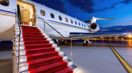 A stunning view of a luxurious private jet with a red carpet staircase, set against a beautiful twilight sky, perfect for an exclusive travel experience.の素材