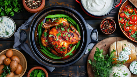 A beautifully arranged roasted chicken, garnished with fresh herbs, served alongside vibrant green beans and a variety of delectable side dishes on a wooden table.の素材