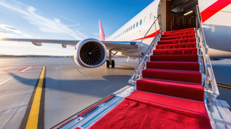 A stunning view of a luxurious private jet with a red carpet leading to its entrance, set against a vibrant sunset sky, embodying elegance and travel.の素材
