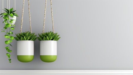This image showcases modern indoor plants elegantly suspended in stylish pots, set against a soft gray wall. Ideal for home decor inspiration.の素材