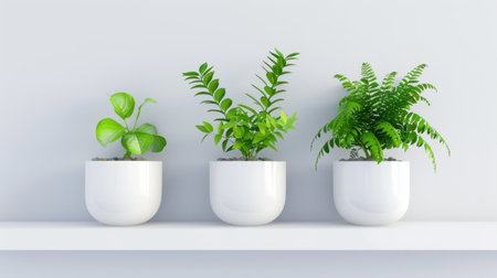 A serene display of three indoor plants in sleek white pots, accentuating a minimalist aesthetic. Perfect for enhancing home decor and creating a tranquil environment.の素材