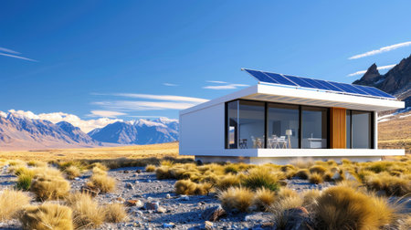 A stunning modern house with solar panels sits in a desert landscape surrounded by majestic mountains and clear blue skies, perfectly blending nature and technology.の素材