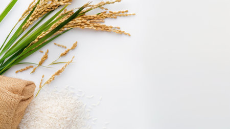 A visually pleasing arrangement featuring fresh rice grains, golden stalks, and white rice on a smooth textured surface, ideal for culinary inspirations.の素材