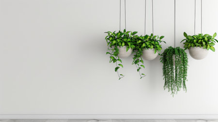 This image showcases a stylish arrangement of hanging indoor plants in modern planters, set against a clean white wall, perfect for enhancing interior spaces.の素材