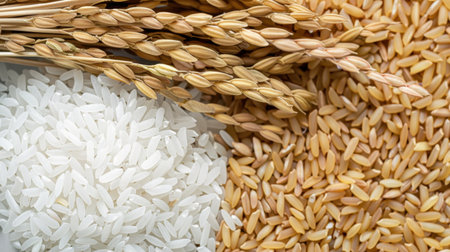 Captivating view of white and brown rice varieties accompanied by golden rice stalks, showcasing natural beauty and healthy cooking essentials.の素材