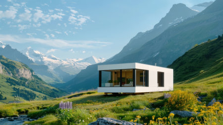 A sleek modern house sits beautifully against a backdrop of towering mountains and vibrant greenery, offering a serene escape into nature's embrace.の素材
