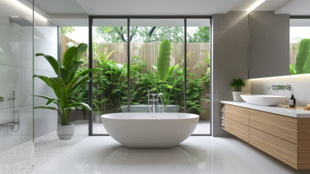 Discover a modern minimalist bathroom featuring a freestanding bathtub, sleek wooden cabinetry, and abundant greenery. This serene space emphasizes relaxation and style with natural light and contemporary design elements.の素材