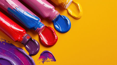 This image features vibrant paint tubes in red, blue, yellow, and purple, with colorful drips on a bright yellow background, ideal for creative projects.の素材