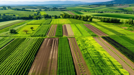 A breathtaking aerial view showcasing vibrant green agricultural fields and crops stretching across the landscape. The clear blue sky enhances the picturesque scene.の素材