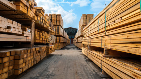 A vibrant image showcasing a wood lumber warehouse filled with neatly stacked timber and planks under a bright blue sky, emphasizing the construction industry.の素材