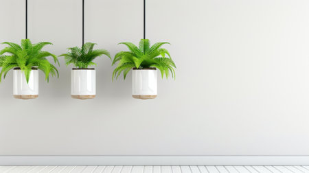This image illustrates a serene arrangement of three modern hanging plants in white pots, adding a touch of greenery to a minimalist interior space.の素材