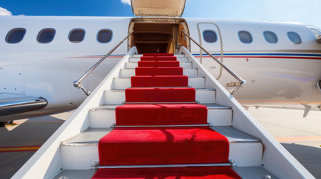 An inviting view of luxurious private jet steps adorned with a red carpet, showcasing elegance and exclusivity in air travel luxury.の素材