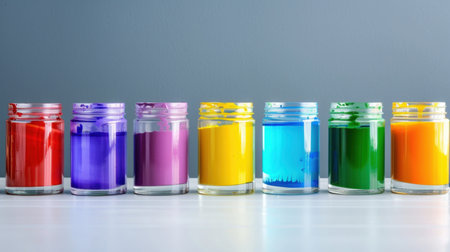 A stunning display of colorful paint jars arranged in a row on a light gray background, showcasing vibrant shades for all creative endeavors.の素材
