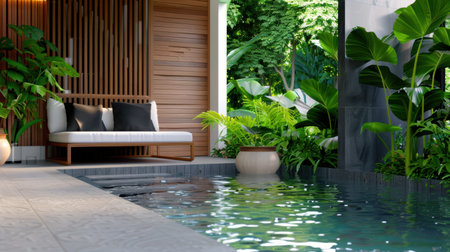 Experience a modern tropical oasis featuring a luxurious pool surrounded by vibrant greenery and elegant furnishings, perfect for relaxation and tranquility.の素材