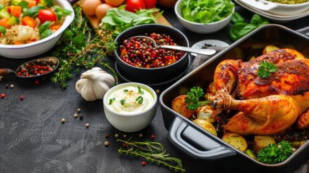 A beautifully presented roasted chicken surrounded by fresh herbs and an assortment of colorful sides on a dark table, perfect for any meal or gathering.の素材