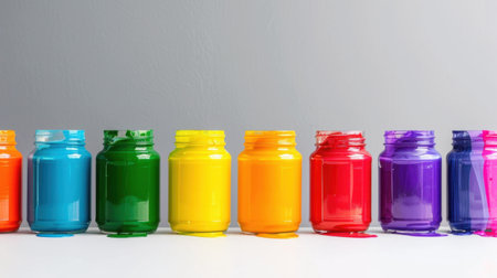 Arranged in a delightful sequence, vibrant jars of paint showcase a spectrum of colors against a soft gray background, perfect for artistic inspiration.の素材