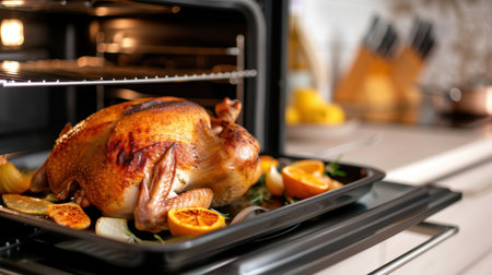 A beautifully roasted turkey sits in a modern oven, surrounded by fresh oranges and herbs. Perfect for festive meals and family gatherings, this image captures culinary excellence.の素材