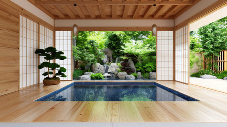 A serene indoor pool area featuring a stunning view of a Japanese garden, designed for relaxation and tranquility, with wooden accents and natural light.の素材