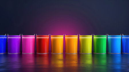 A stunning arrangement of colorful paint buckets in vibrant shades reflecting on a wooden surface, perfect for creative projects and artistic endeavors.の素材