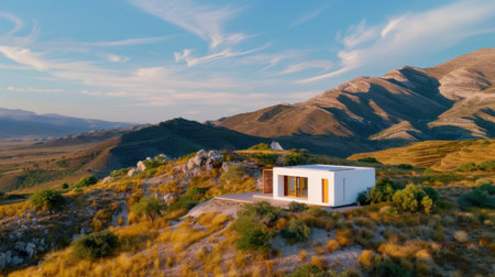 A stunning modern minimalist house set against a breathtaking natural backdrop of rolling hills and mountains during golden hour light.の素材