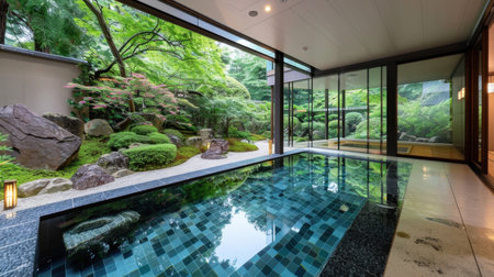 This tranquil indoor swimming pool features a stunning view of a lush garden, blending modern architecture with nature, creating a serene and peaceful retreat atmosphere.の素材