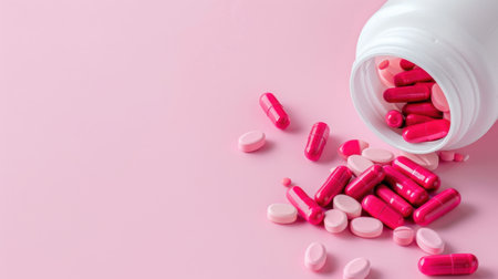 A vibrant display of pink and red capsules and pills scattered around an open white bottle on a soft pink background. Perfect for showcasing health and wellness themes.の素材