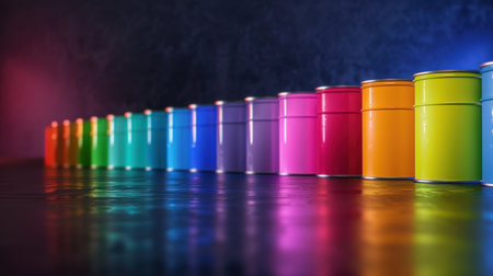 A mesmerizing display of colorful paint cans arranged in a gradient line, showcasing a vibrant palette against a textured background, perfect for artistic inspiration.の素材