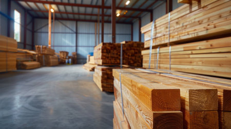 A wide-angle view of wooden lumber stacked in a spacious warehouse, showcasing orderly storage and excellent lighting that enhances the rich wood tones.の素材