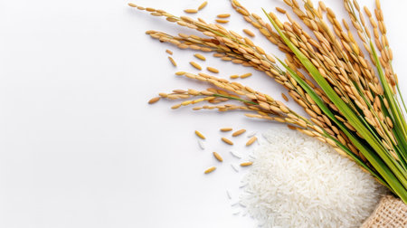 An artistic arrangement featuring uncooked rice and golden rice ears against a bright background, ideal for culinary, agricultural, and natural food concepts.の素材