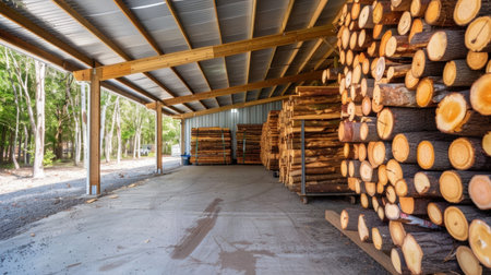 A well-structured storage facility showcasing neatly stacked logs under a roof, surrounded by trees, providing an efficient timber inventory solution.の素材