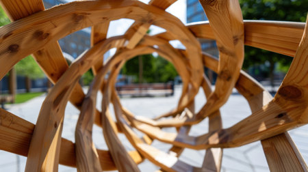 A close-up view of a captivating wooden sculpture, featuring a twisting design and soft sunlight illuminating the intricate texture in a vibrant urban park.の素材