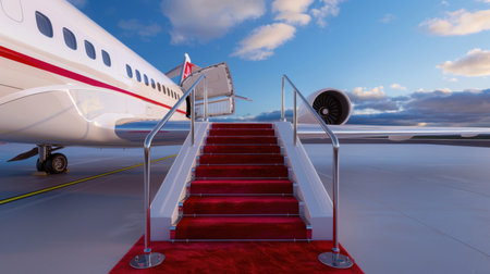 A stunning image showcasing a luxurious private jet staircase adorned with a red carpet, beautifully set against a vibrant sunset sky, emphasizing travel elegance.の素材