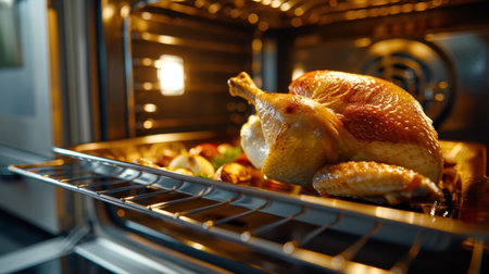 A whole roast chicken with a golden crust is cooking in an oven, surrounded by colorful vegetables, showcasing the essence of home cooking.の素材