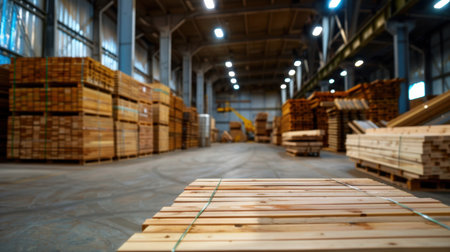 Spacious warehouse filled with neatly arranged stacks of lumber and wooden planks, highlighting a well-organized industrial setting for wood storage.の素材