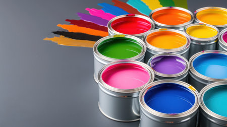 A collection of colorful paint cans open with vibrant hues spilling out, creating a striking visual of art supplies against a smooth gray background.の素材
