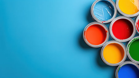 A visually appealing arrangement of open paint cans filled with vibrant colors set against a bright blue background, perfect for artistic and creative projects.の素材